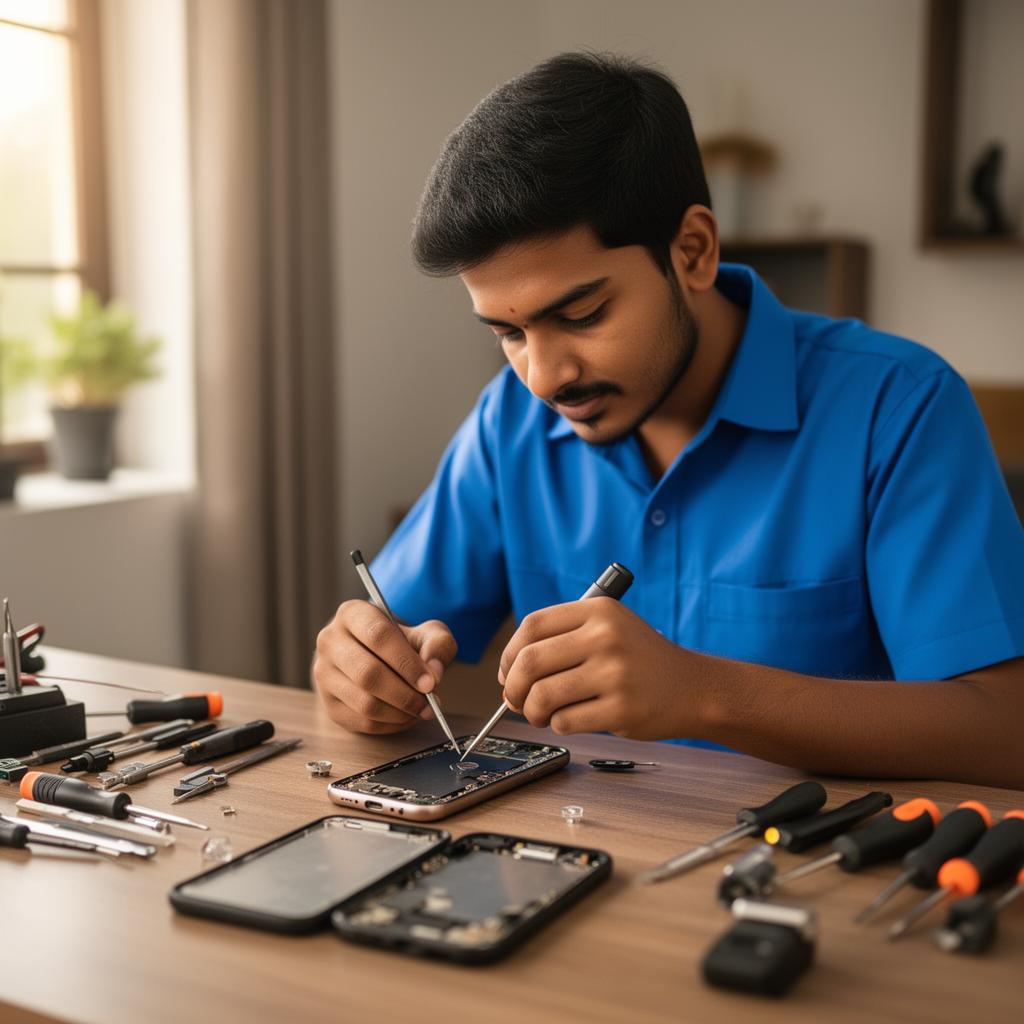 handsetgo technician in blue uniform repairing a smartphone at a customer's home in Gwalior